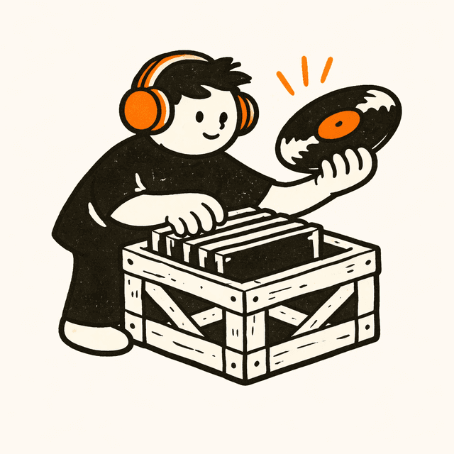 Character digging through records in a milk crate